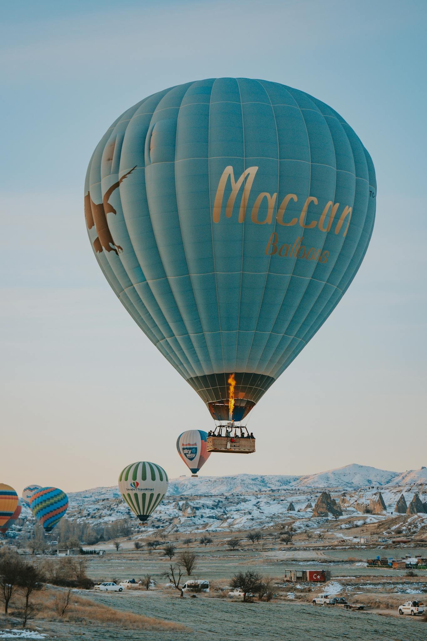 Hot air balloons soar over Cappadocia's stunning landscapes at sunrise.